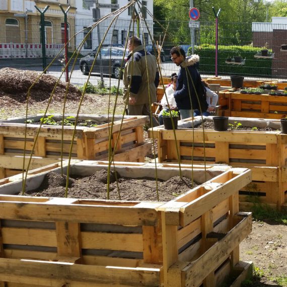Es sind sechs neu bepflanzte Hochbeete im Gemeinschaftsgarten der Moschee zu sehen. Im Hintergrund befinden sich zwei Männer und zwei Kinder.