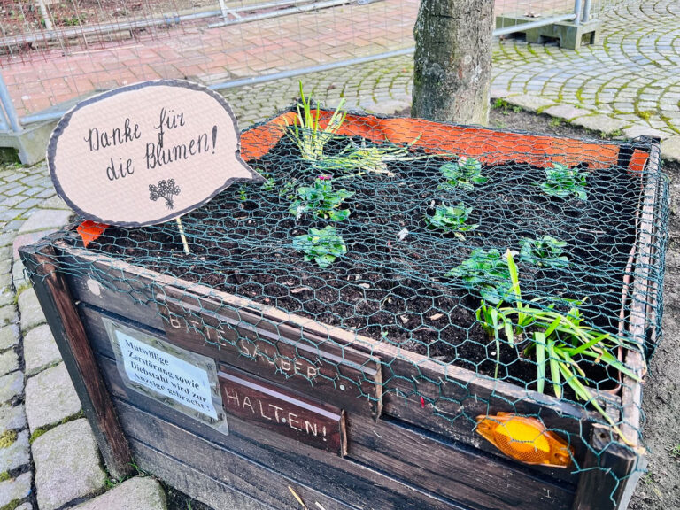 Hochbeet aus Holz wurde mit einem Draht überspannt. In der Erde des Hochbeets wurde ein Pappschild mit der Aufschrift „Danke für die Blumen!“ gesteckt.