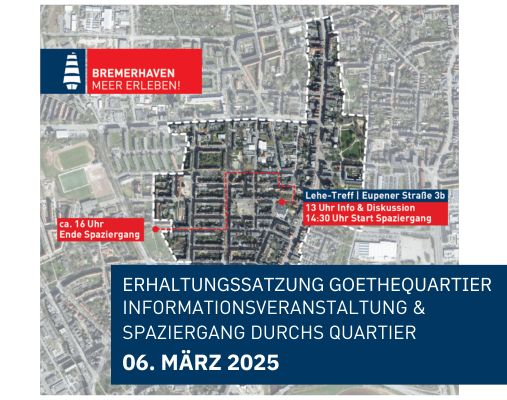 Ausschnitt einer Satellitenaufnahme des Goethequartiers mit Infofeldern zum Ort und Datum der Infoveranstaltung