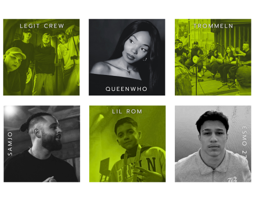 6 Bildkacheln von Hip Hop Artists abwechseln in schwarz weiß und grün