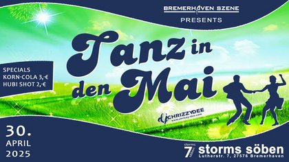Grüne Wiese mit blauer Schrift Tanz in den Mai