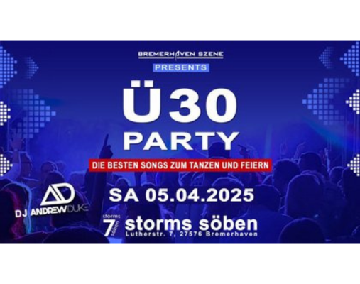 Blaues Bild mit weißer Schrift Ü30 Party