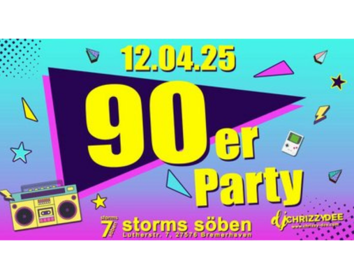 Buntes Bild mit gelber Schrift 90 er Party