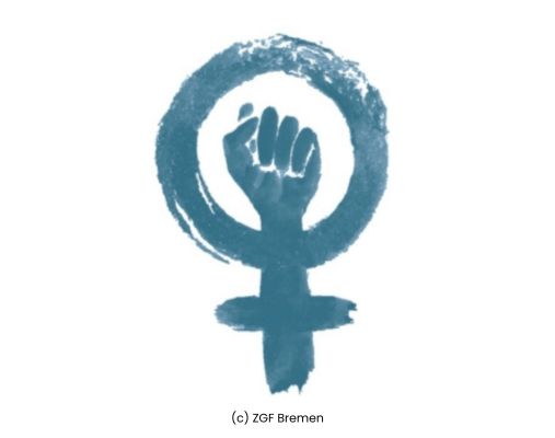 Weiße Grafik mit graublauer Grafik zum Internationalen Frauentag. Es ist das Venussymbol mit einer erhobenen Faust darin