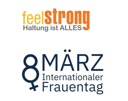 Weiße Grafik mit oben dem Logo von feelStrong in gelb und orange und darunter das Logo vom 8. März, dem Internationalen Frauentag