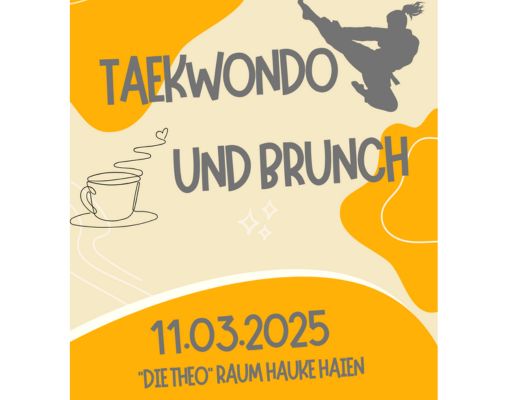 Grafik mit senfgelbem und pastellgelbem Hintergrund und geschwungenen Formen. Eine Teakwondo machende Silhouette, ein Kaffee und die Veranstaltungsdaten sind darauf.