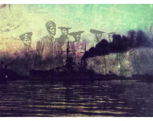 Dunkles Bild mit Silhouette von Dampfschiff und darüber den umrissen von historischen schwarzen Personen