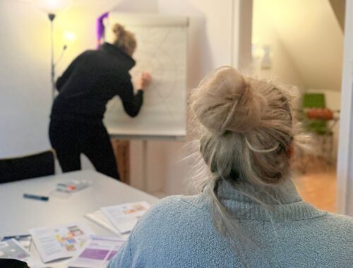 die beiden Gesundheitsfachkräfte sind von hinten dabei zu sehen wie sie gerade einen Workshop vorbereiten