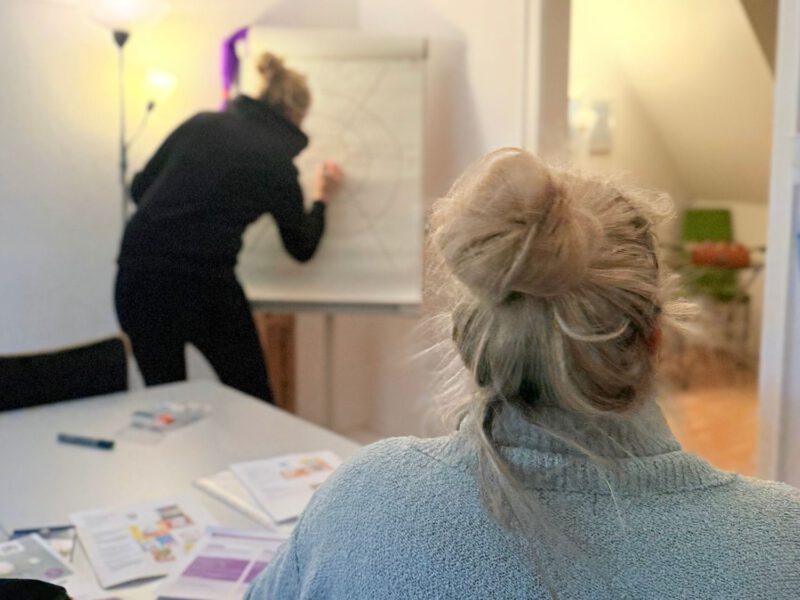 die beiden Gesundheitsfachkräfte sind von hinten dabei zu sehen wie sie gerade einen Workshop vorbereiten