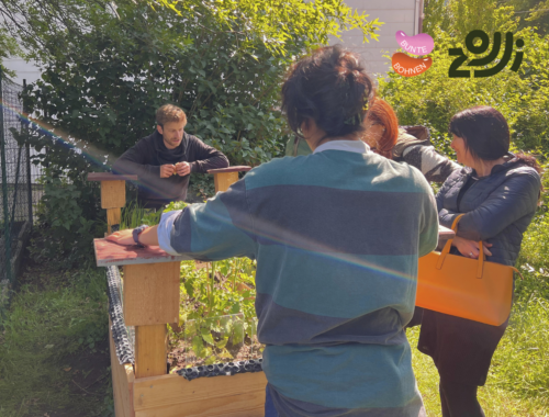 Vier Personen stehen um ein Hochbeet herum