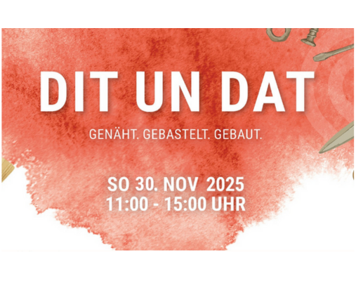 Schriftzug Dit un Dat mit Veranstaltungsdaten auf rotbraunem Hintergrund