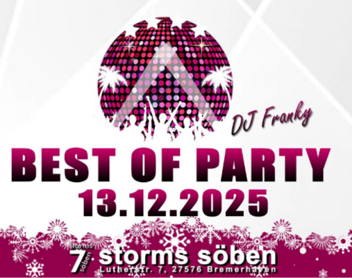 weißer Hintergrund mit dunkelroter Schrift und Discokugel