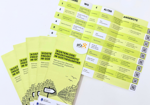 grüne Flyer liegen auf einem Tisch