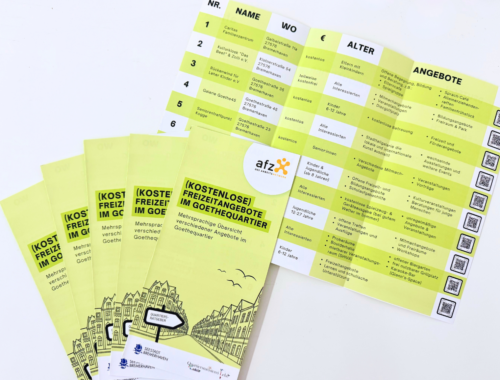 grüne Flyer liegen auf einem Tisch