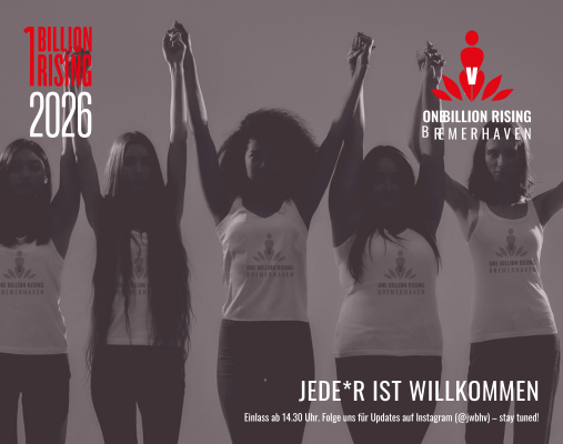 One Billion rising Eine Flyerkachel mit Frauen die Hand in Hand die Arme heben
