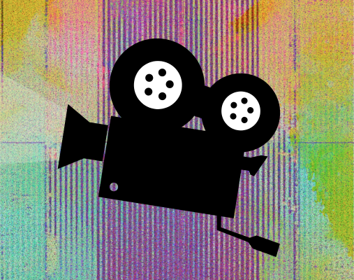 Kiezkino ein bunter Hintergrund mit einer Videokamera im Vordergrund