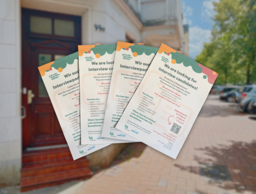 im Hintergrund ist verschwommen der Eingangsbereich der Quartiersmeisterei Lehe, im Vordergrund 4 Flyer für die Befragungsaktion
