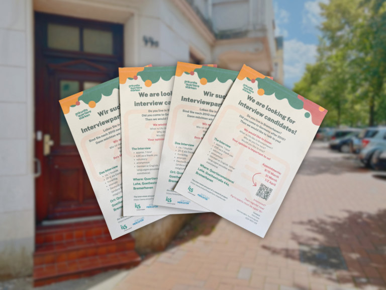 im Hintergrund ist verschwommen der Eingangsbereich der Quartiersmeisterei Lehe, im Vordergrund 4 Flyer für die Befragungsaktion