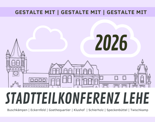 ein lila hintergrund auf dem Stadtteilkonferenz Lehe, eine Häuserzeile und 