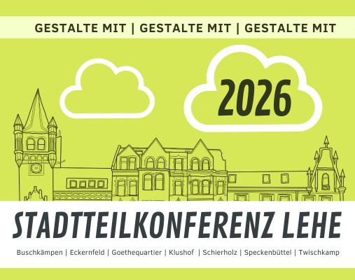 ein grünerhintergrund auf dem Stadtteilkonferenz Lehe, eine Häuserzeile und