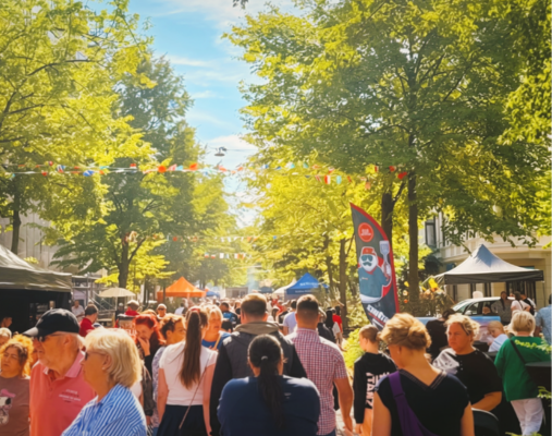 Viele Menschen auf einer sonnigen Allee