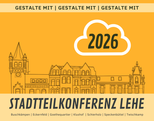 Veranstaltungskalender STK ein oranger Hintergrund auf dem Stadtteilkonferenz Lehe, eine Häuserzeile und